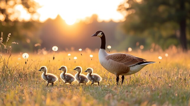 A mother goose leads her four goslings through a sunlit meadow during golden hour - Powered by Adobe