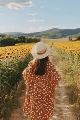 Fototapeta premium Woman in floral dress walks through sunflower field