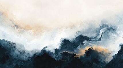 Fototapeta premium Abstract blue, white, gold landscape; digital art; serene background; website banner