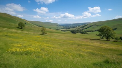 Fototapeta premium Sunlit Valley Wildflower Meadow Landscape Photography