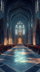 Tranquil cathedral interior bathed in light