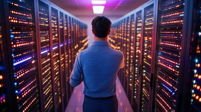 A futuristic server room with rows of glowing servers and a technician monitoring the system through a holographic interface