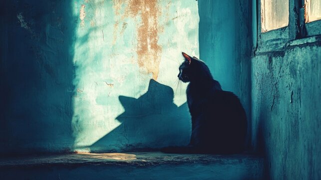 Mysterious Black Cat and its Shadow on a Weathered Wall