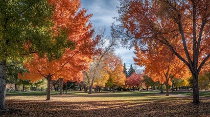 Naklejka premium A vibrant autumn scene featuring colorful trees and a serene park landscape.
