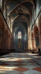 Fototapeta premium Sunlit church interior with stained glass