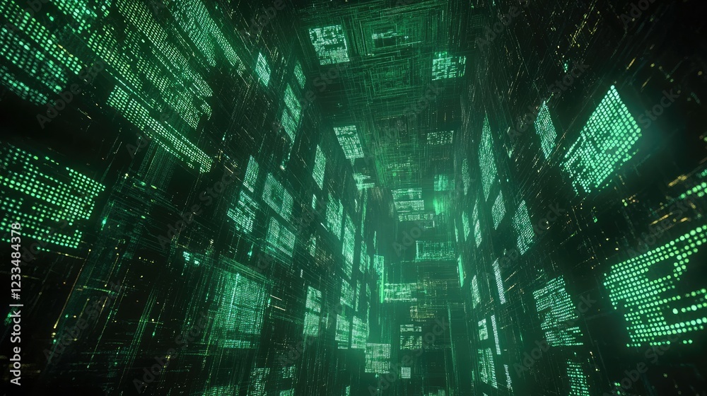 Poster digital matrix environment with green light and abstract patterns