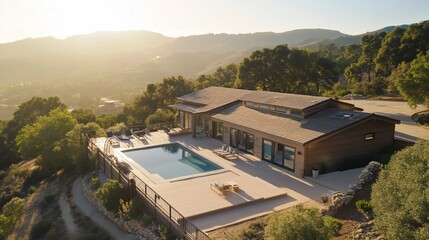 Panoramic View of Modern Home with Pool Overlooking Mountainous Landscape at Sunset