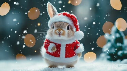 Little tiny bunny dressed up as Santa claus on snowing and christmas tree background.