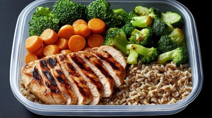 Grilled Chicken Breast with Roasted Broccoli and Carrots and Brown Rice