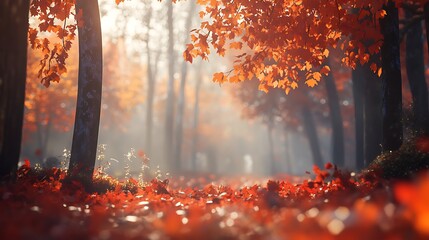 A serene autumn landscape with vibrant red leaves and soft light filtering through trees.