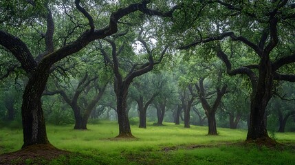 Obraz premium A serene forest scene with lush green trees and a misty atmosphere.