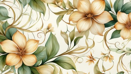 Vibrant, Dreamy Watercolor Floral Abstraction Showcasing Lush Beige Blossoms and Verdant Green Vines Amidst an Ethereal Scene, Perfect for Art Lovers Seeking Serenity and Inspiration.