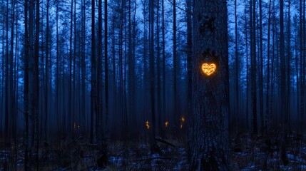 Obraz premium Illuminated Heart in Dark Winter Forest at Night