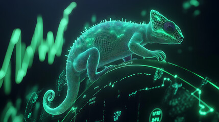 Glowing Chameleon in Abstract Technological Setting