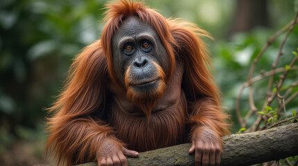 Obraz premium A sad looking orangutan with his hands on a tree limb. Looking directly at the viewer. It's native jungle habitat is in the background. Endangered species. A peaceful ape. Indonesia and Malaysia.