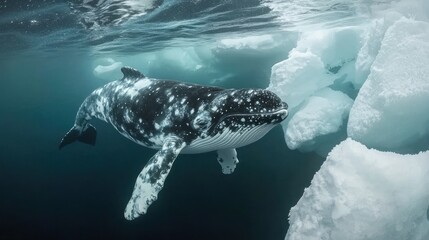 Obraz premium Humpback whale swimming near icebergs.