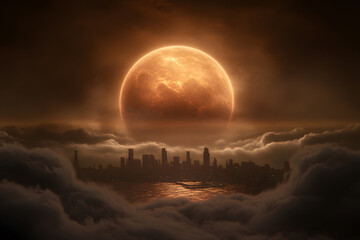 Obraz premium futuristic city skyline under glowing red moon, surrounded by clouds