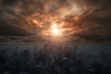 Obraz premium futuristic city skyline under dramatic sunset with clouds