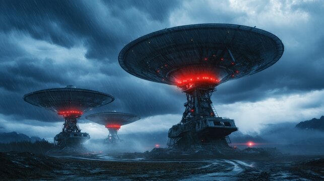 A ground-based radar station with large rotating dishes, scanning the horizon under a stormy sky