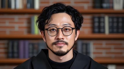 Fototapeta premium Man with glasses, library background, thoughtful pose, headshot for profile