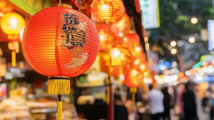 Obraz premium Illuminated Lanterns Adorn Asian Night Market Street
