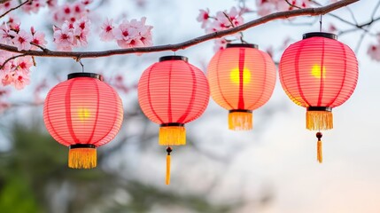 Obraz premium Illuminated Lanterns Hanging on Cherry Blossom Branches