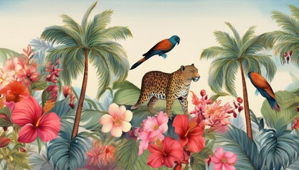 Exotic Tropical Oasis Seamless Border of Oleander and Hibiscus Flowers Amidst Palm Trees, Thriving with Colourful Birds and Playful Leopards, Wi at