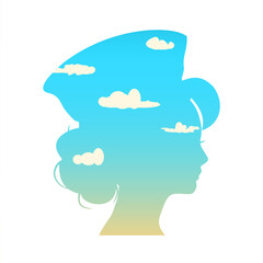 Portrait of flight attendant. Face side view icon. Elegant silhouettes of a female head. Avatar profile sign textured by sky view.