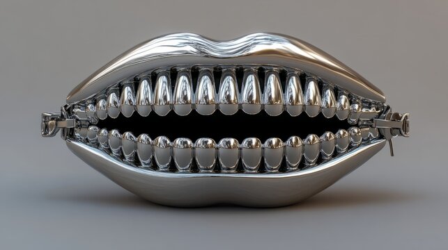 A metallic zipper-mouth face emoji, rendered in 3D with a steel finish on a gray background