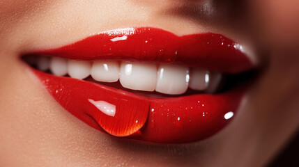Obraz premium An extreme close-up of a smiling woman's lips, slightly parted, with vibrant red lipstick and a dewdrop glistening on her lower lip