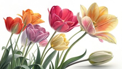Fototapeta premium A vibrant bouquet of tulips in various colors, showcasing their delicate petals and lush green stems against a clean background.