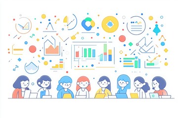 Naklejka premium A diverse group of people collaborating around laptops, with colorful charts and graphs illustrating data analysis and teamwork.