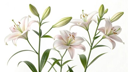 Obraz premium Elegant white lilies in bloom with green buds, showcasing delicate petals and a serene aesthetic.