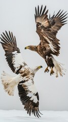 Obraz premium Two Majestic Eagles Engaging in a Graceful Mid-Air Dance Above a Snow-Covered Landscape