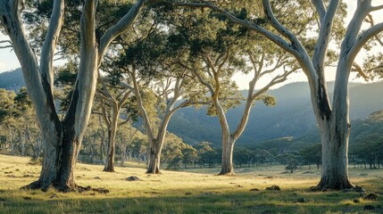 Obraz premium Majestic Eucalyptus Trees in Serene Landscape at Golden Hour