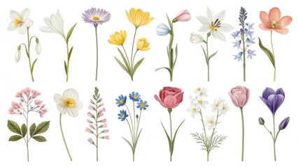 Obraz premium A vibrant arrangement of various flowers, showcasing diverse shapes and colors, perfect for floral design inspiration or nature-themed projects.