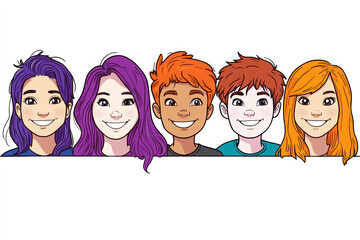 Five animated characters with diverse hair colors and styles, smiling together, showcasing friendship and positivity.