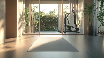 Fototapeta premium Sunlit home gym with yoga mat.