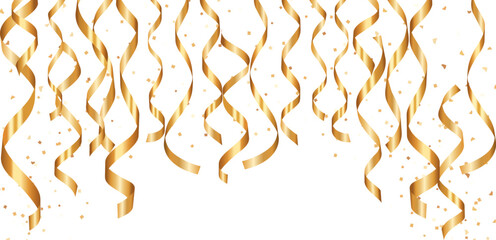 Golden Party Streamers with Confetti on White Background