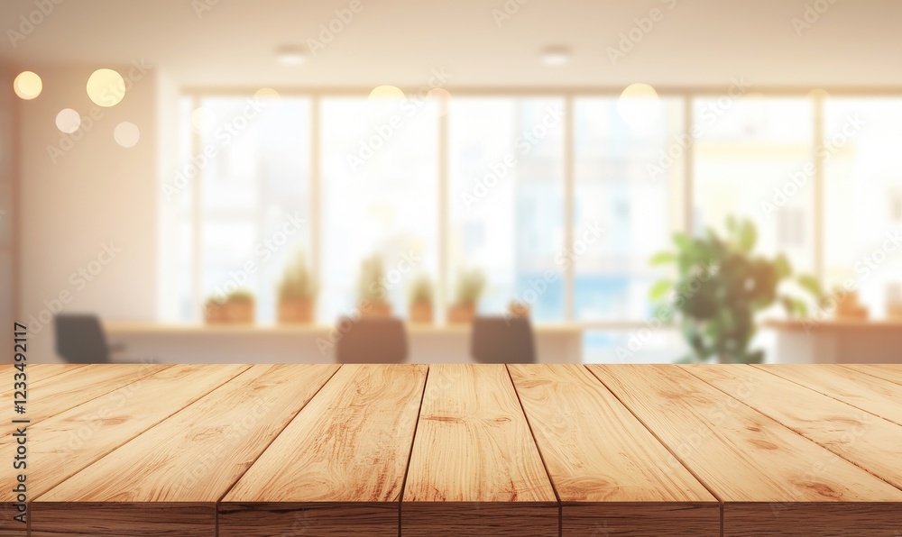 Aufkleber Warm wooden table with a blurred office backdrop featuring bokeh lights and greenery, perfect for displaying products or creating professional visuals