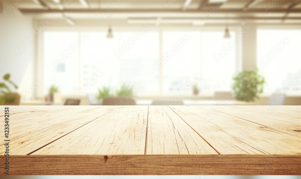 Poster light wooden table surface in a bright, modern office space with a blurred background, featuring lar