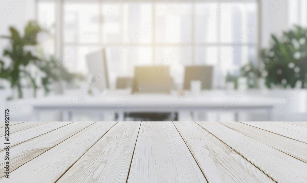 Poster a clean white wooden table in the foreground with a softly blurred modern office setting in the back