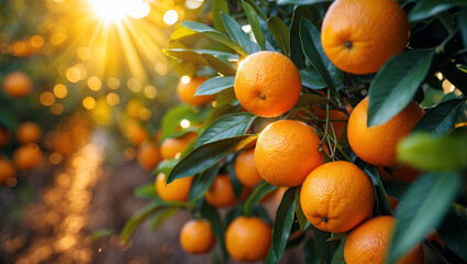 Orange grove with many oranges growing on trees in the sunshine