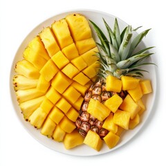 A refreshing tropical fruit platter with pineapple and mango slices, isolated white background, abstract art style