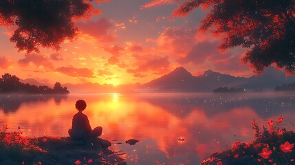 Obraz premium Serene sunset lake meditation, mountain backdrop, calm