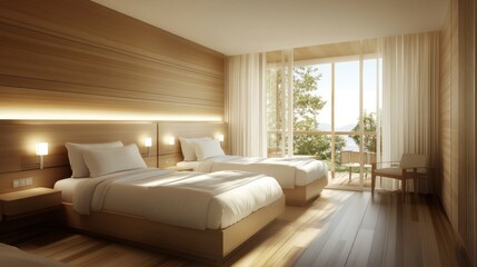Fototapeta premium Modern hotel room with twin beds, wood walls, and lake view.
