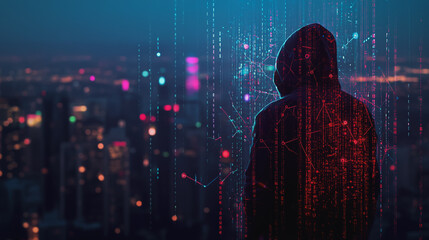 Hacker are planning to hack and attack networks and cyber security systems Smart digital city with connection cyber security network reciprocity over the cityscape . future smart wireless digital city