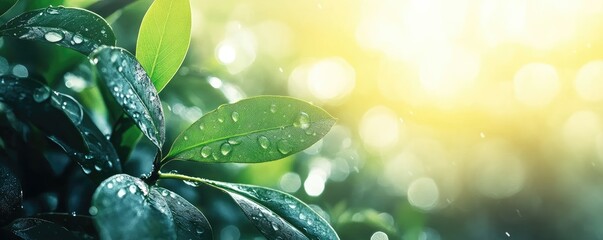 Dewy green leaves, sunrise, garden backdrop. Nature website, blog use