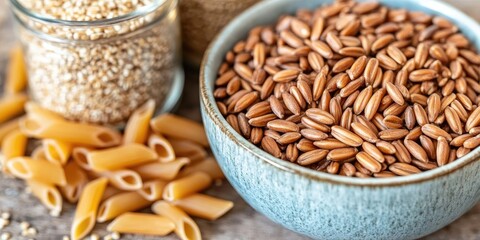 Fototapeta premium Healthy grains quinoa, red rice, pasta. Wooden background. Food photography for recipes or cooking blogs