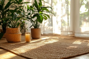 Sunlit Room Plants Candle Woven Rug